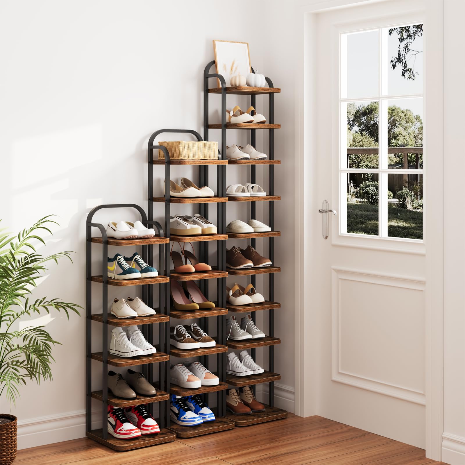 Dripex Adjustable Narrow Shoe Rack Organizer, Space Saving Vertical Tall Shoe Shelf for6/8/ 10 Tier, Sturdy Multifunctional Entryway Hallway Living Room Storage Shelf Rustic Brown