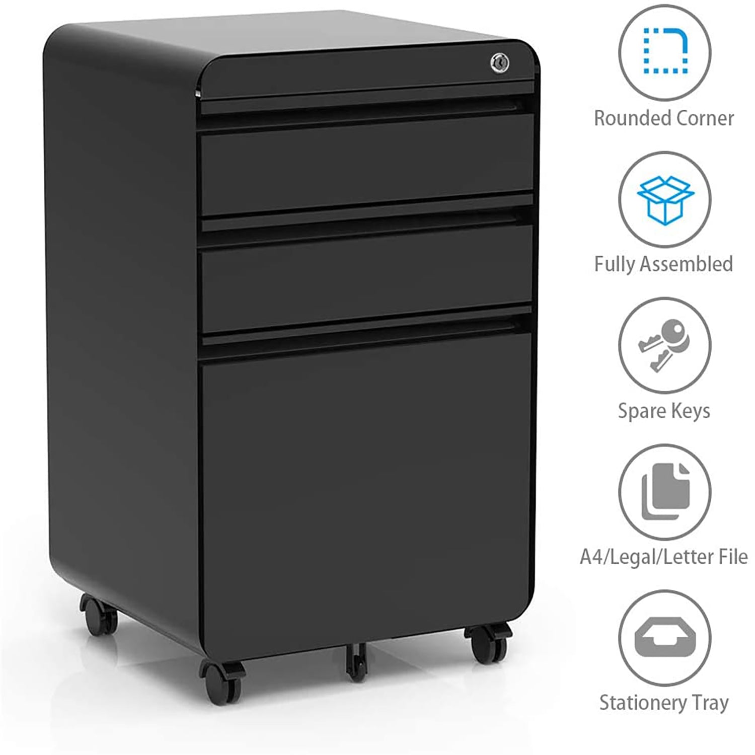 Dripex Fully Assembled 3-Drawer Mobile File Cabinet for A4 File, Lockable Metal Filling File Cabinet with Hanging File Frame and Anti-tilt Design Office Rolling Vertical File Cabinet