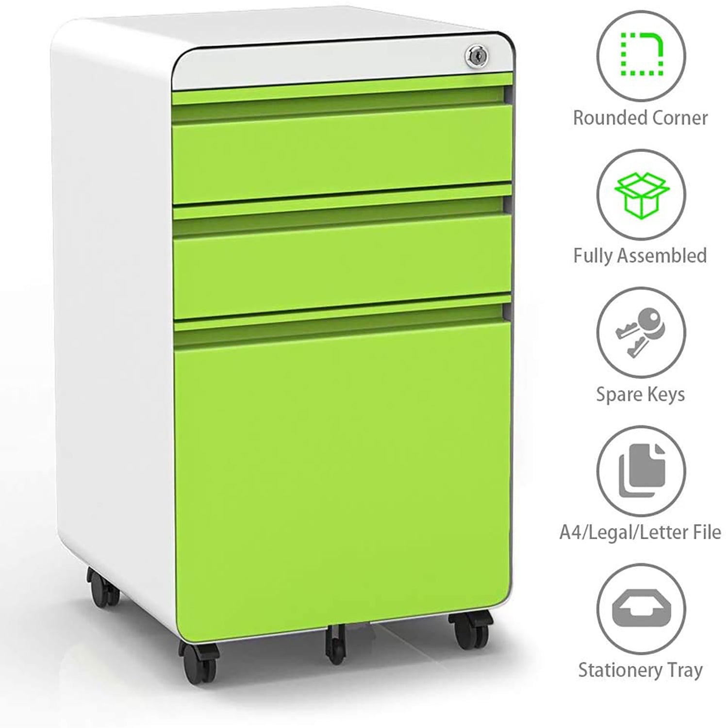 Dripex Fully Assembled 3-Drawer Mobile File Cabinet for A4 File, Lockable Metal Filling File Cabinet with Hanging File Frame and Anti-tilt Design Office Rolling Vertical File Cabinet