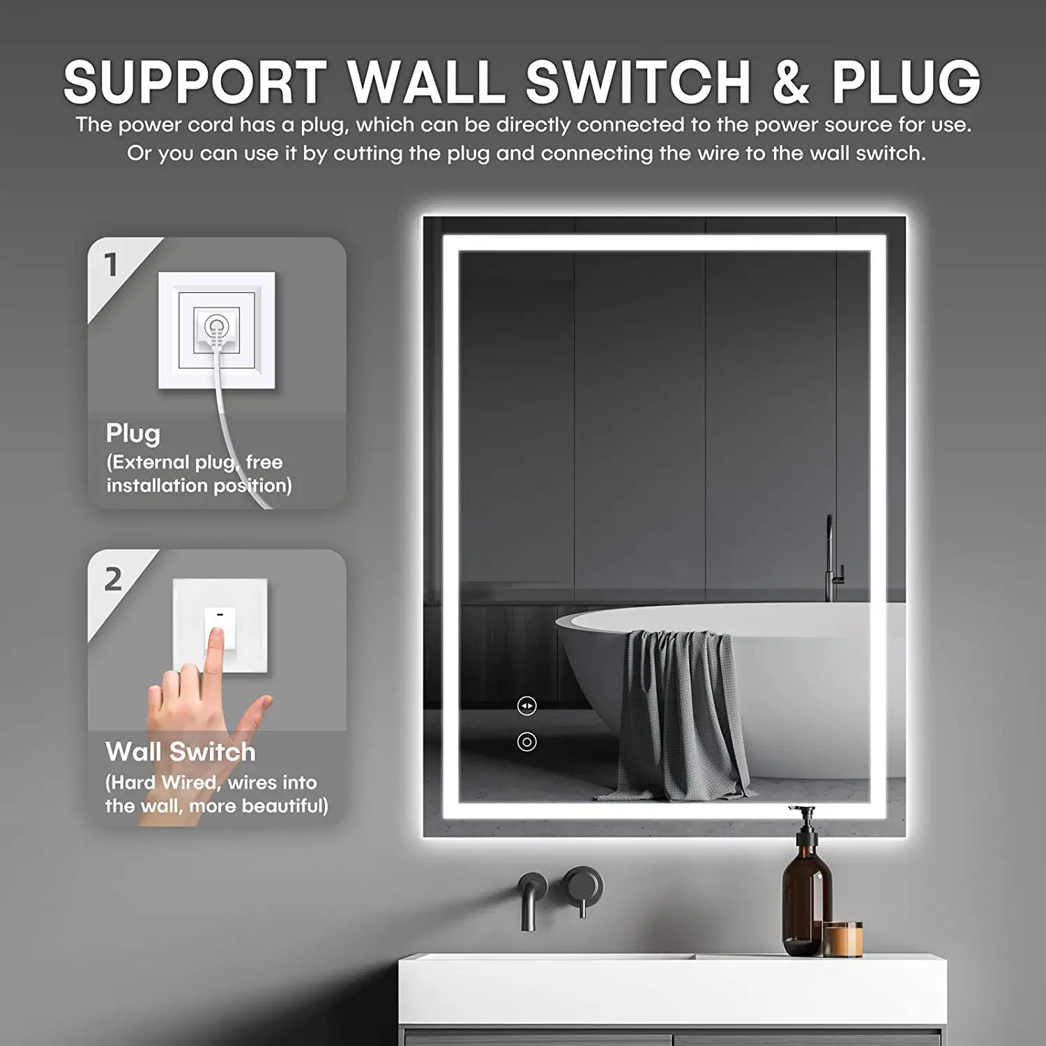 Dripex 28 x 20 Inch LED Bathroom Mirror, Anti-Fog Wall Mounted Makeup Mirror with 3 Color Lights, Waterproof Dimmable LED Vanity Mirror with Memory Function, Touch Button, Horizontal/Vertical