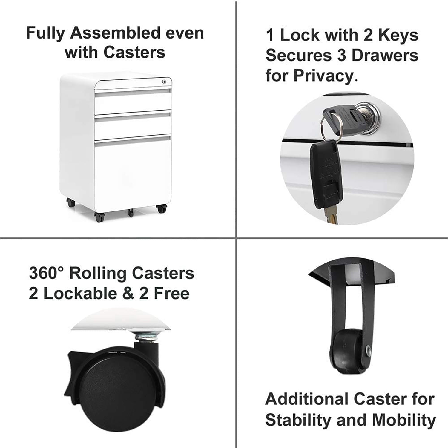 Dripex Fully Assembled 3-Drawer Mobile File Cabinet for A4 File, Lockable Metal Filling File Cabinet with Hanging File Frame and Anti-tilt Design Office Rolling Vertical File Cabinet