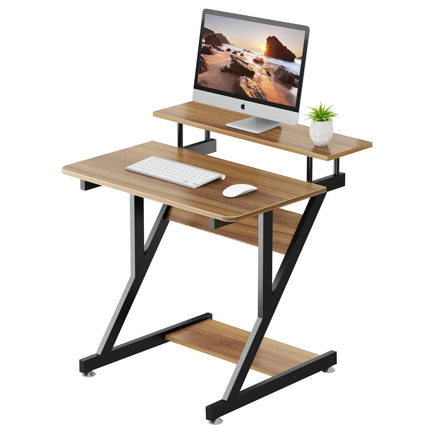 Dripex Computer Desk with Monitor Shelf - Mobile Z Shaped Home Office Desk with Storage Shelves and Movable Wheels for Small Spaces, Compact Corner Desk Space-Saving