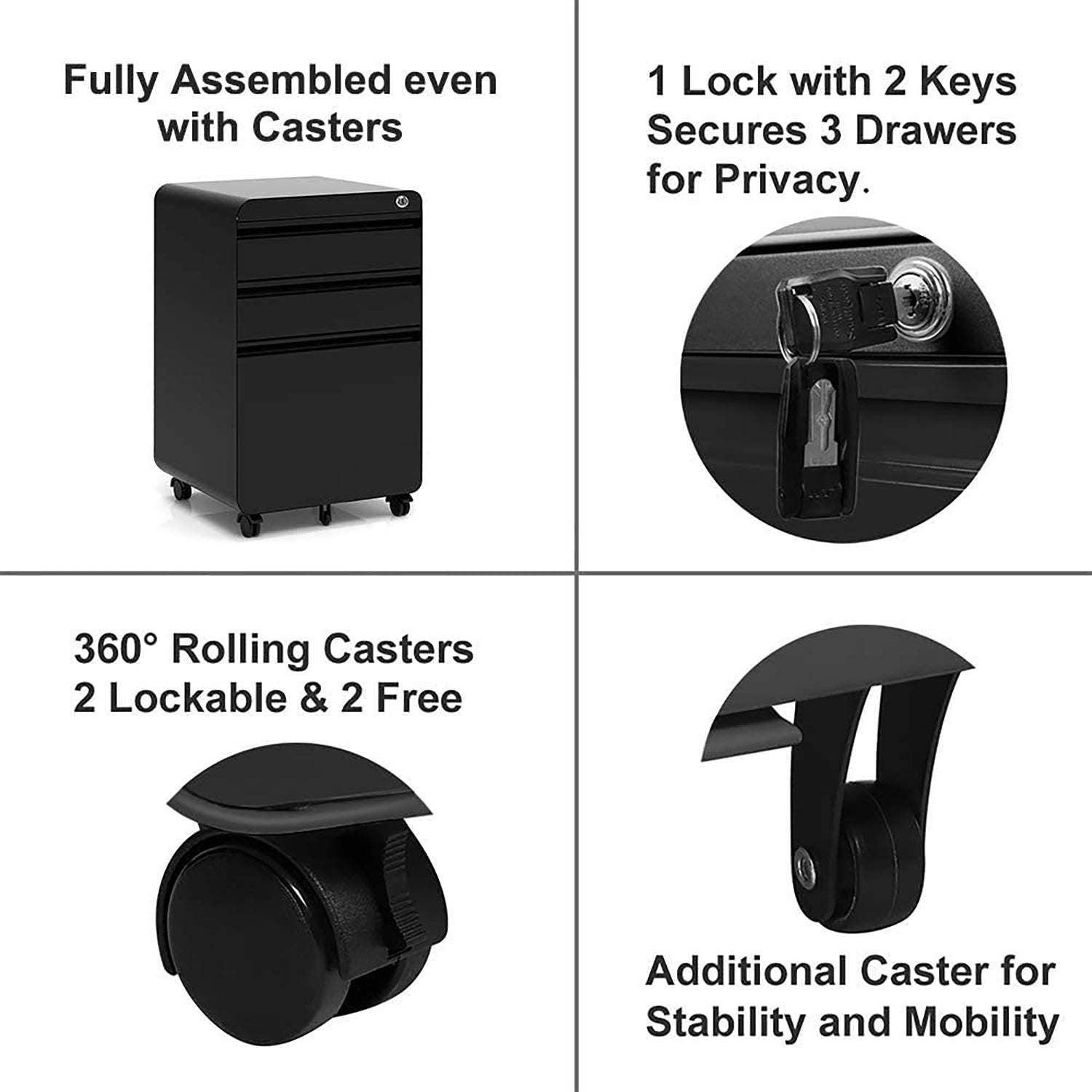 Dripex Fully Assembled 3-Drawer Mobile File Cabinet for A4 File, Lockable Metal Filling File Cabinet with Hanging File Frame and Anti-tilt Design Office Rolling Vertical File Cabinet