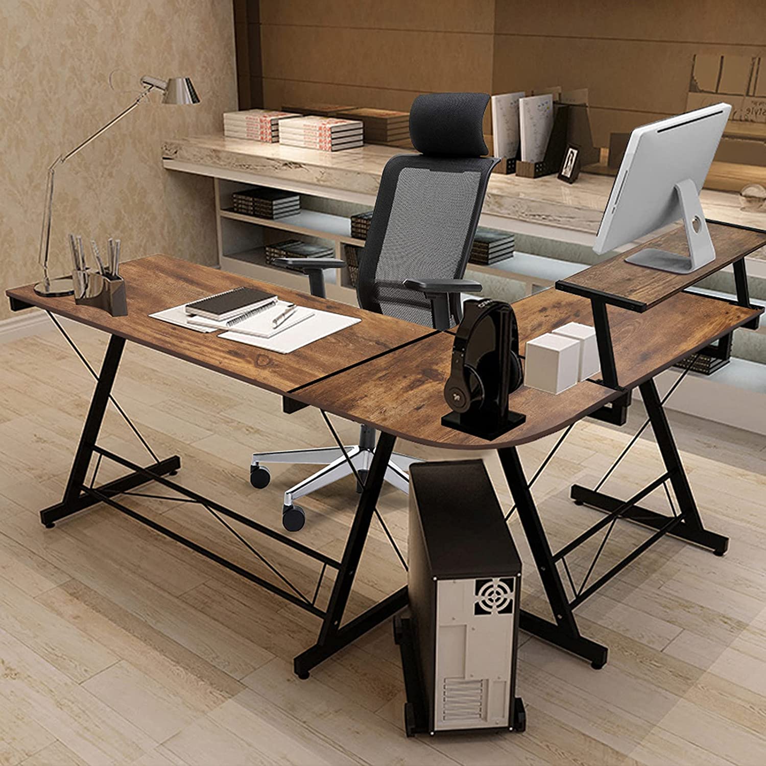 Dripex L Shaped Computer Corner Desk with Monitor Stand Storage Bag, Industrial Gaming Desk, Writing Workstation PC Laptop Study Table for Home Office 152x113x72cm