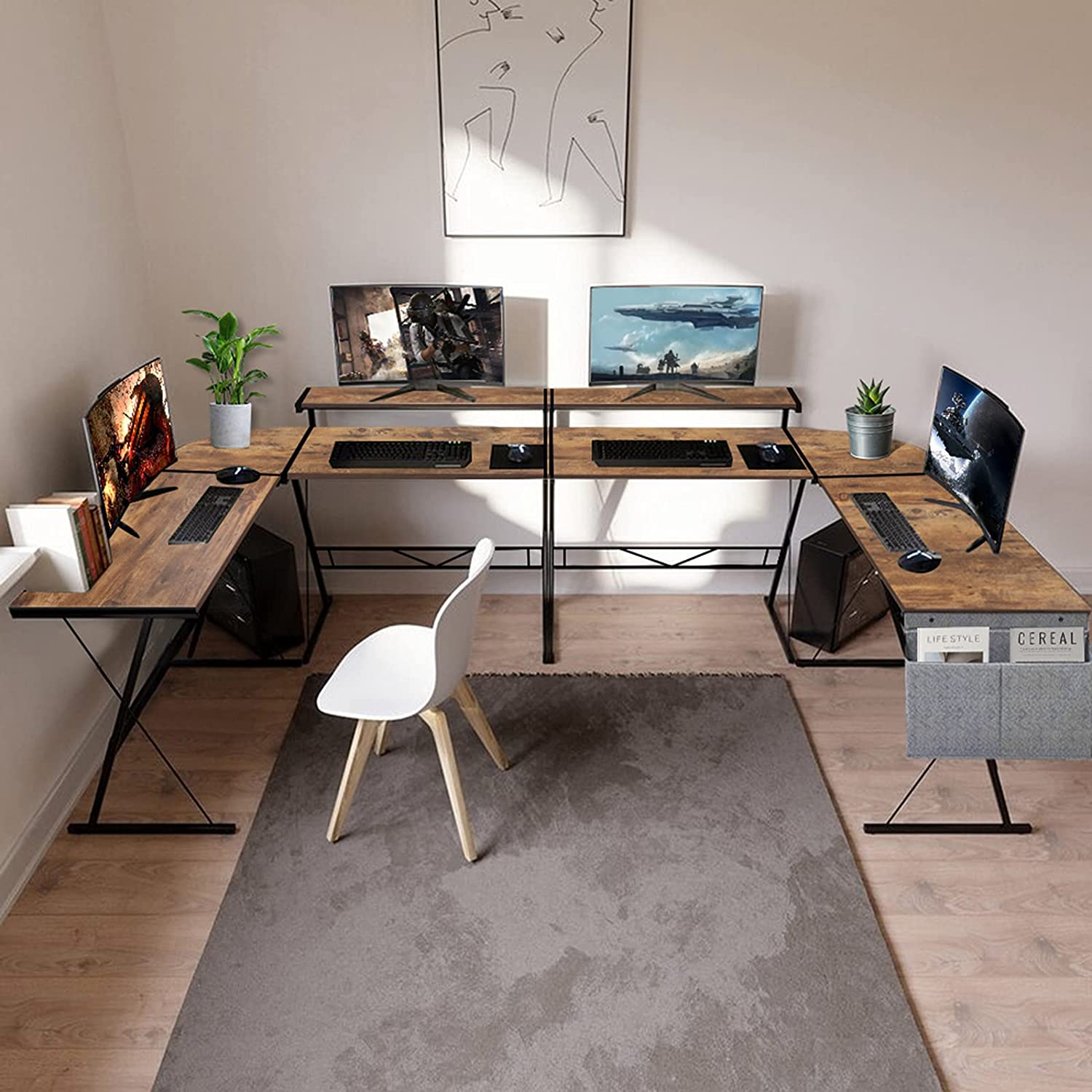 Dripex L Shaped Computer Corner Desk with Monitor Stand Storage Bag, Industrial Gaming Desk, Writing Workstation PC Laptop Study Table for Home Office 152x113x72cm