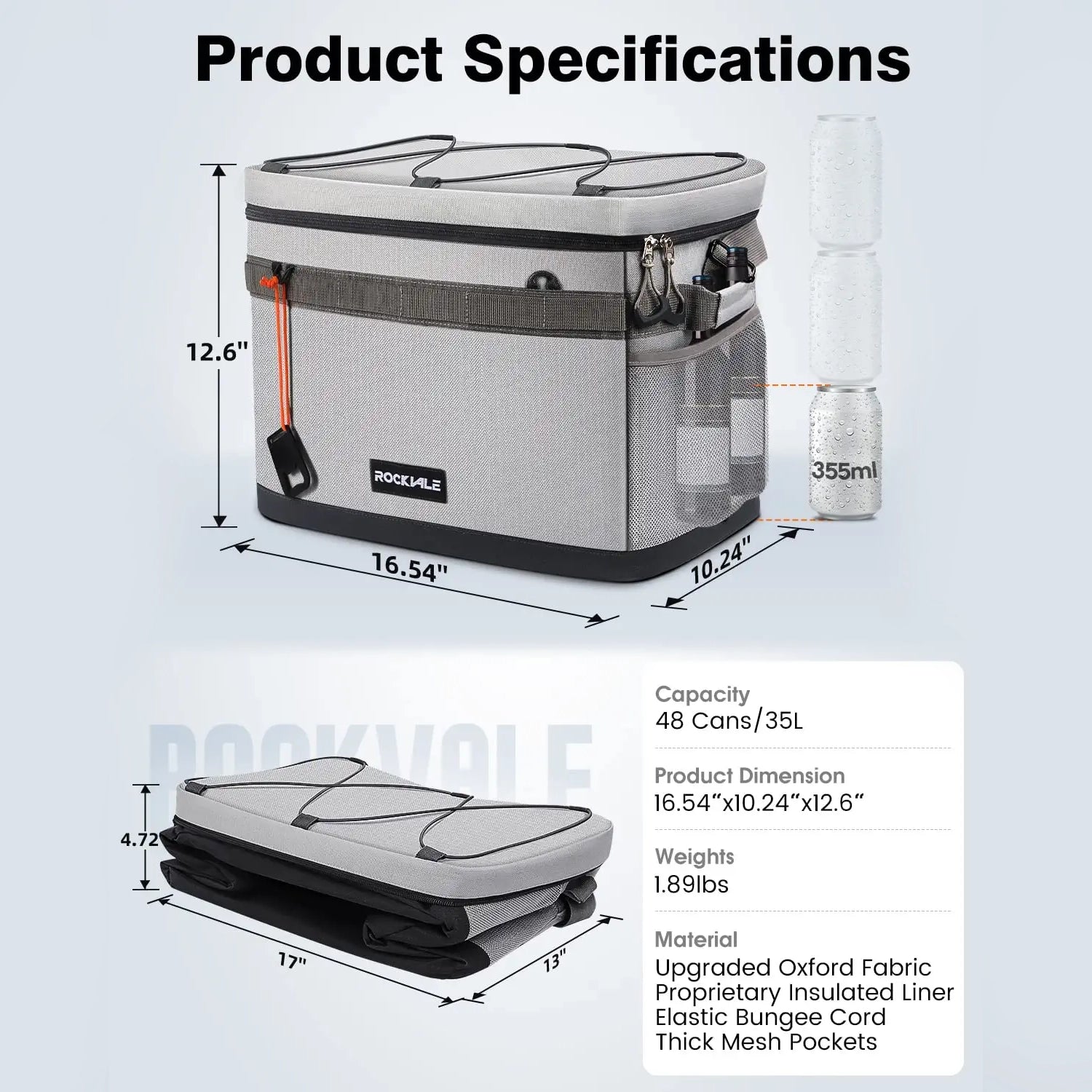 Rockvale Insulated Leakproof Cooler Bag, 48 Can Soft Sided Lunch Cooler Bag, Portable Collapsible Camping Cooler, Lightweight Large Beach Cooler Bag with Pockets/Bungee Cord for Camping Picnic Hiking