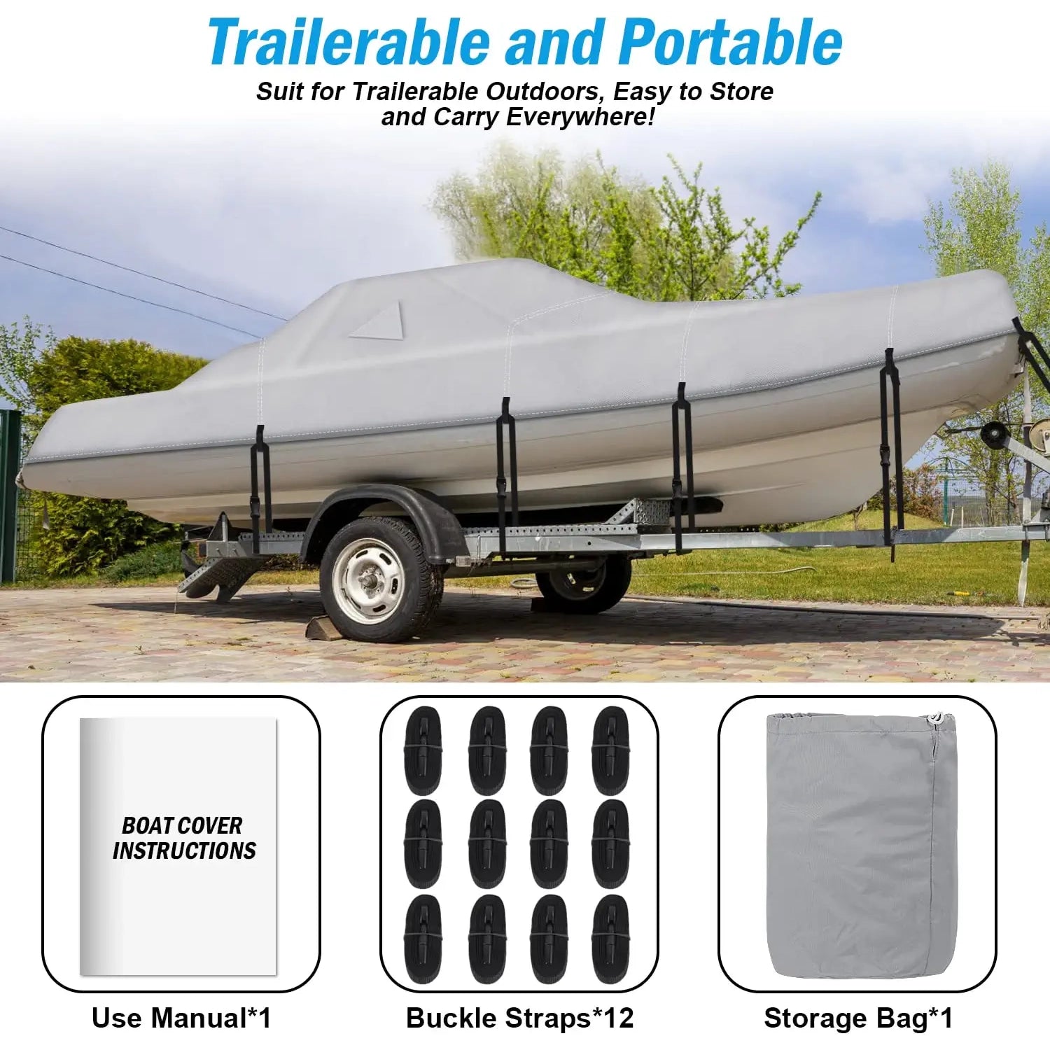 Rockvale Boat Cover, Heavy Duty 600D Trailerable Waterproof Boat Canvas, Universal Marine Grade Outboard Boat Shade for Bass Boat, Tri-Hull, V-Hull, Ski, Fishing Runabout Boat