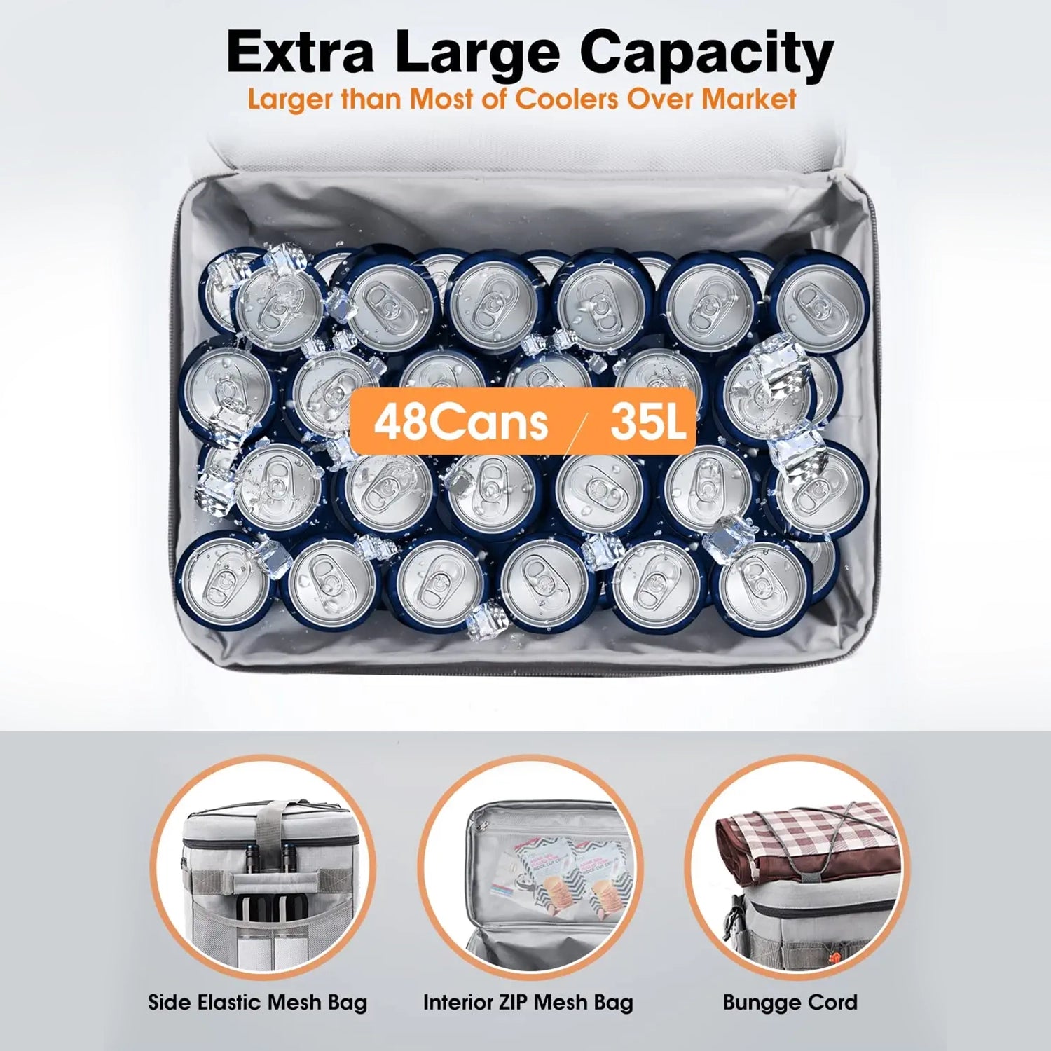 Rockvale Insulated Leakproof Cooler Bag, 48 Can Soft Sided Lunch Cooler Bag, Portable Collapsible Camping Cooler, Lightweight Large Beach Cooler Bag with Pockets/Bungee Cord for Camping Picnic Hiking