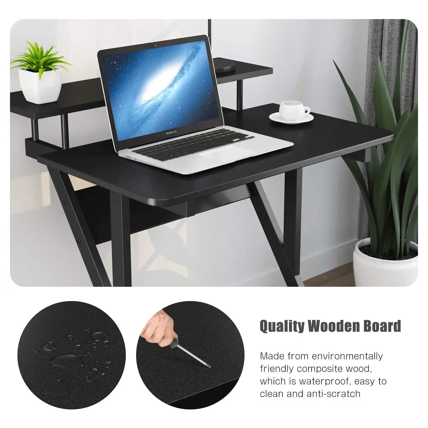 Dripex Computer Desk with Monitor Shelf - Mobile Z Shaped Home Office Desk with Storage Shelves and Movable Wheels for Small Spaces, Compact Corner Desk Space-Saving