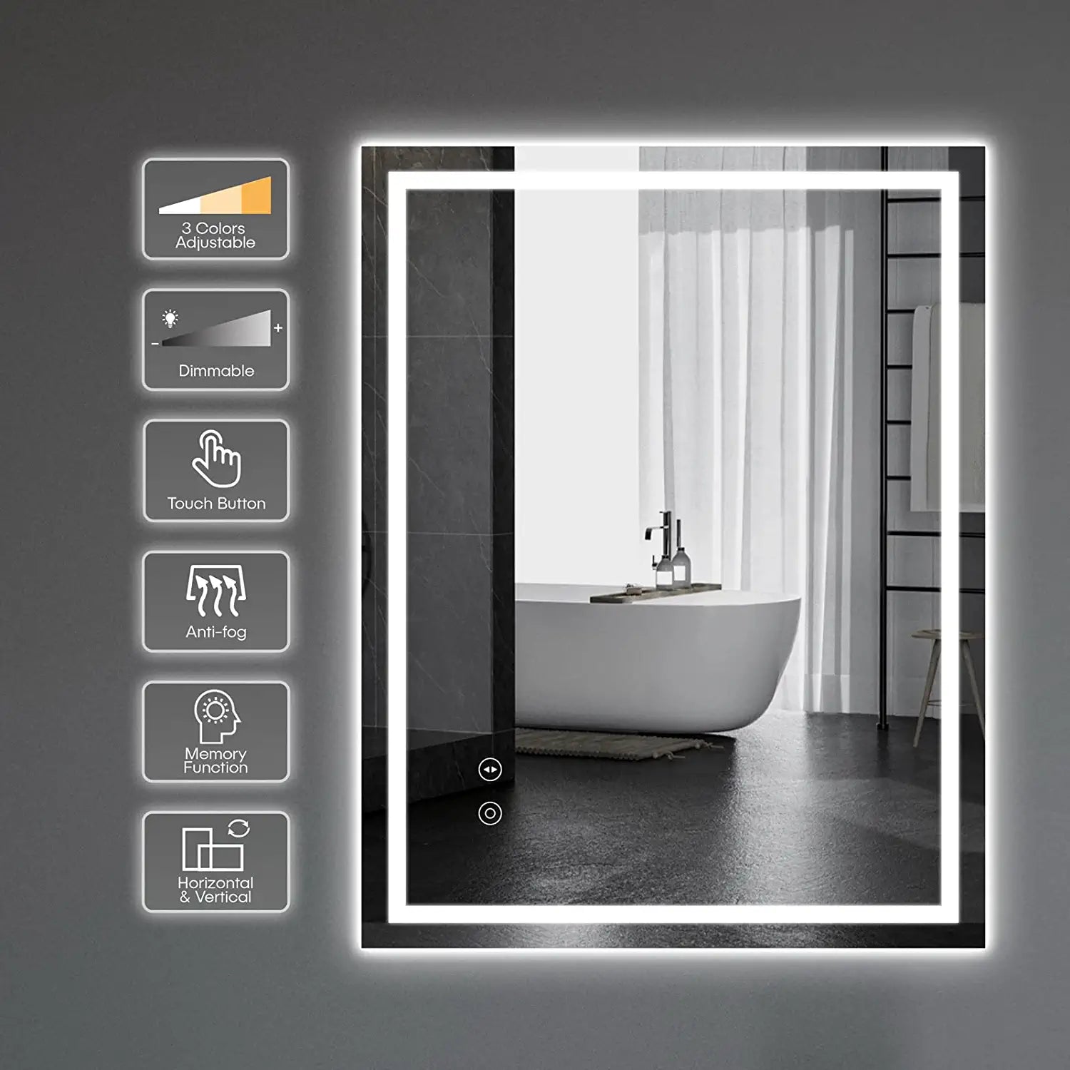 Dripex 28 x 20 Inch LED Bathroom Mirror, Anti-Fog Wall Mounted Makeup Mirror with 3 Color Lights, Waterproof Dimmable LED Vanity Mirror with Memory Function, Touch Button, Horizontal/Vertical