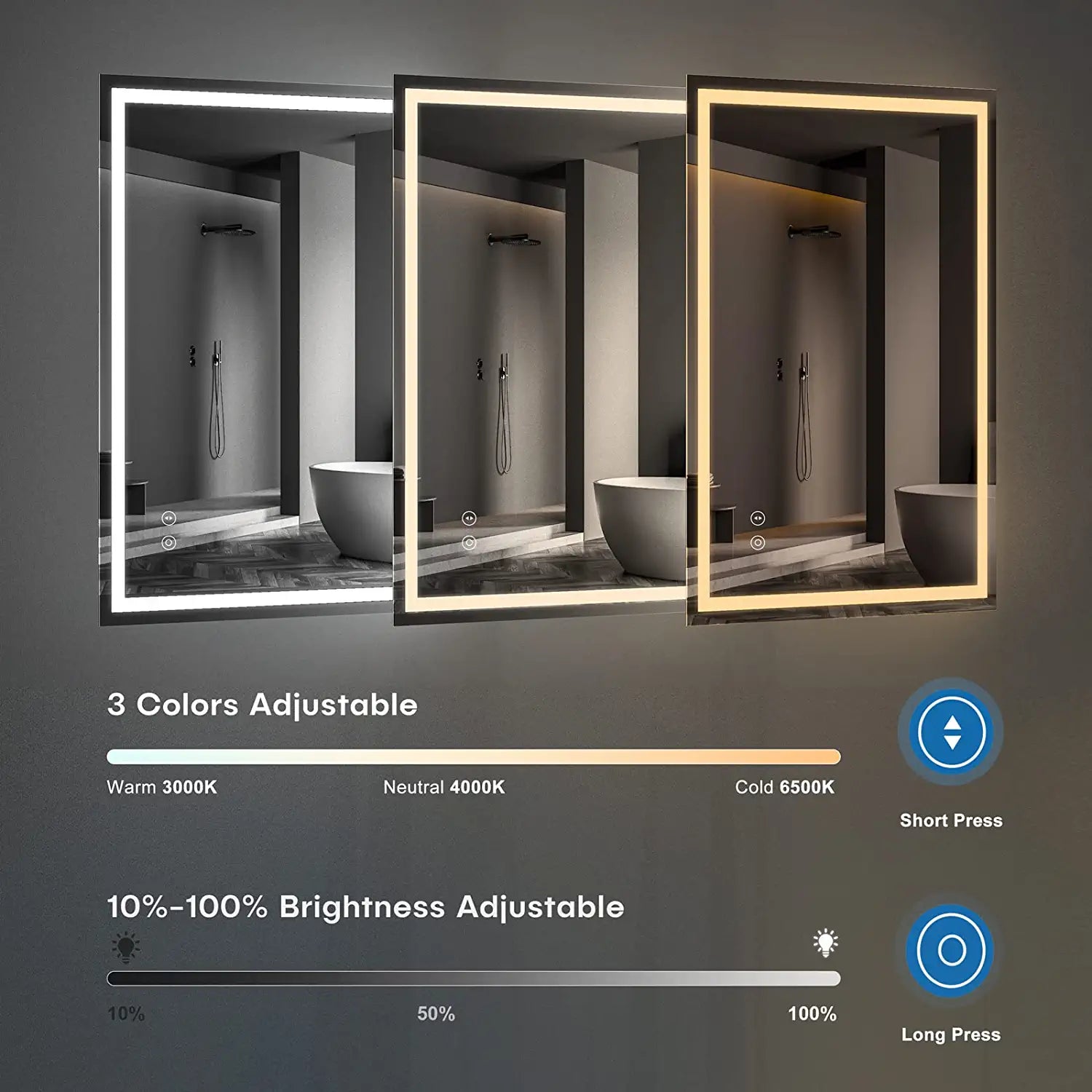 Dripex 28 x 20 Inch LED Bathroom Mirror, Anti-Fog Wall Mounted Makeup Mirror with 3 Color Lights, Waterproof Dimmable LED Vanity Mirror with Memory Function, Touch Button, Horizontal/Vertical