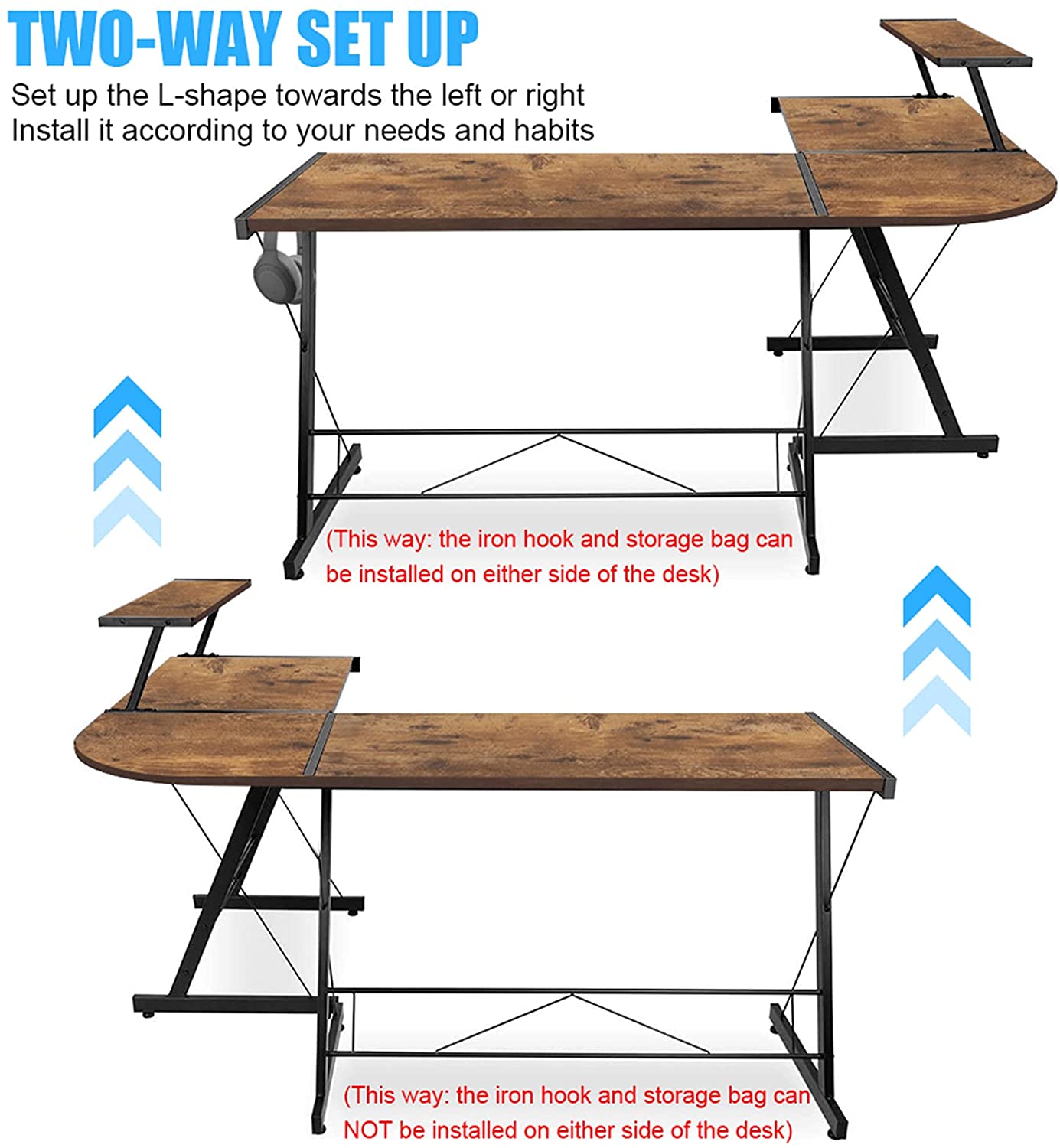 Dripex L Shaped Computer Corner Desk with Monitor Stand Storage Bag, Industrial Gaming Desk, Writing Workstation PC Laptop Study Table for Home Office 152x113x72cm