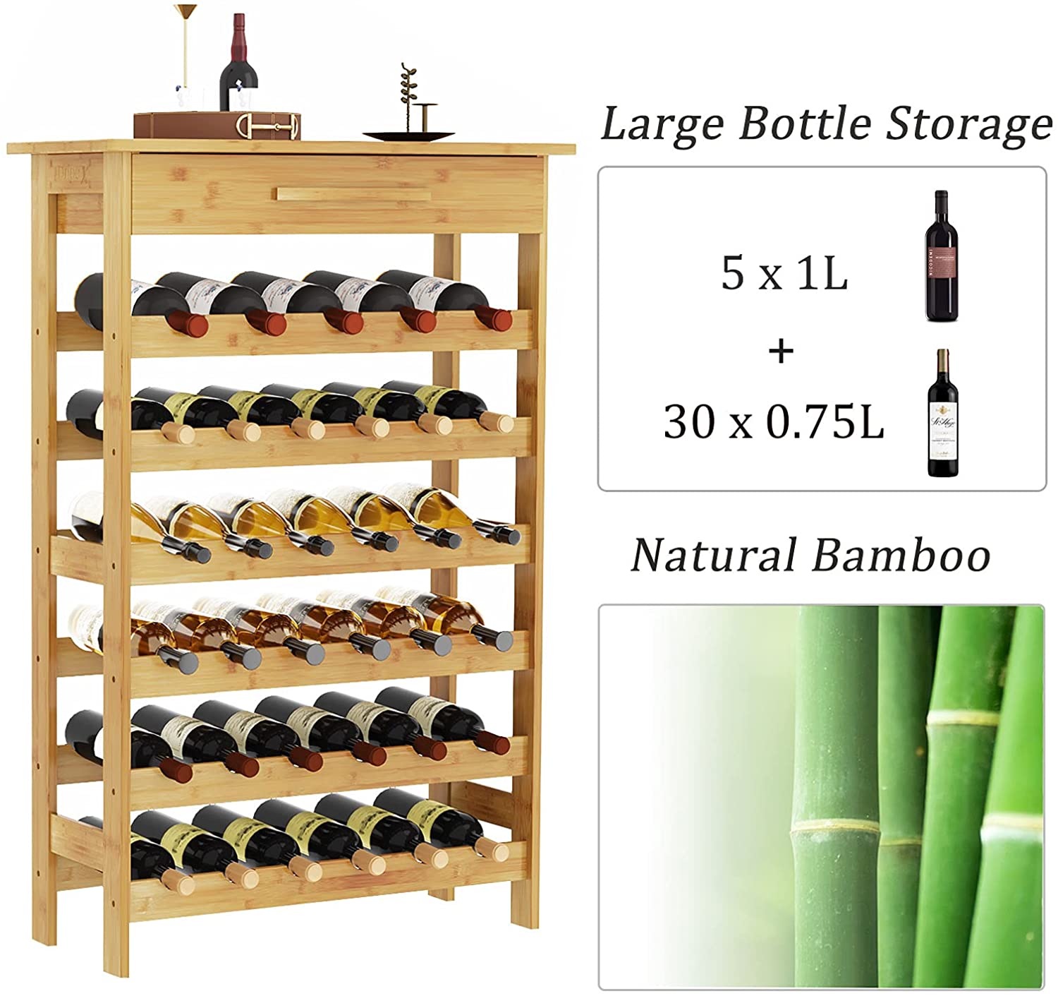 Dripex Bamboo Wine Rack with Drawer, Free Standing Floor Wine Holder Storage Display Shelves for Home, Kitchen, Bar, Wine Cellar, Basement