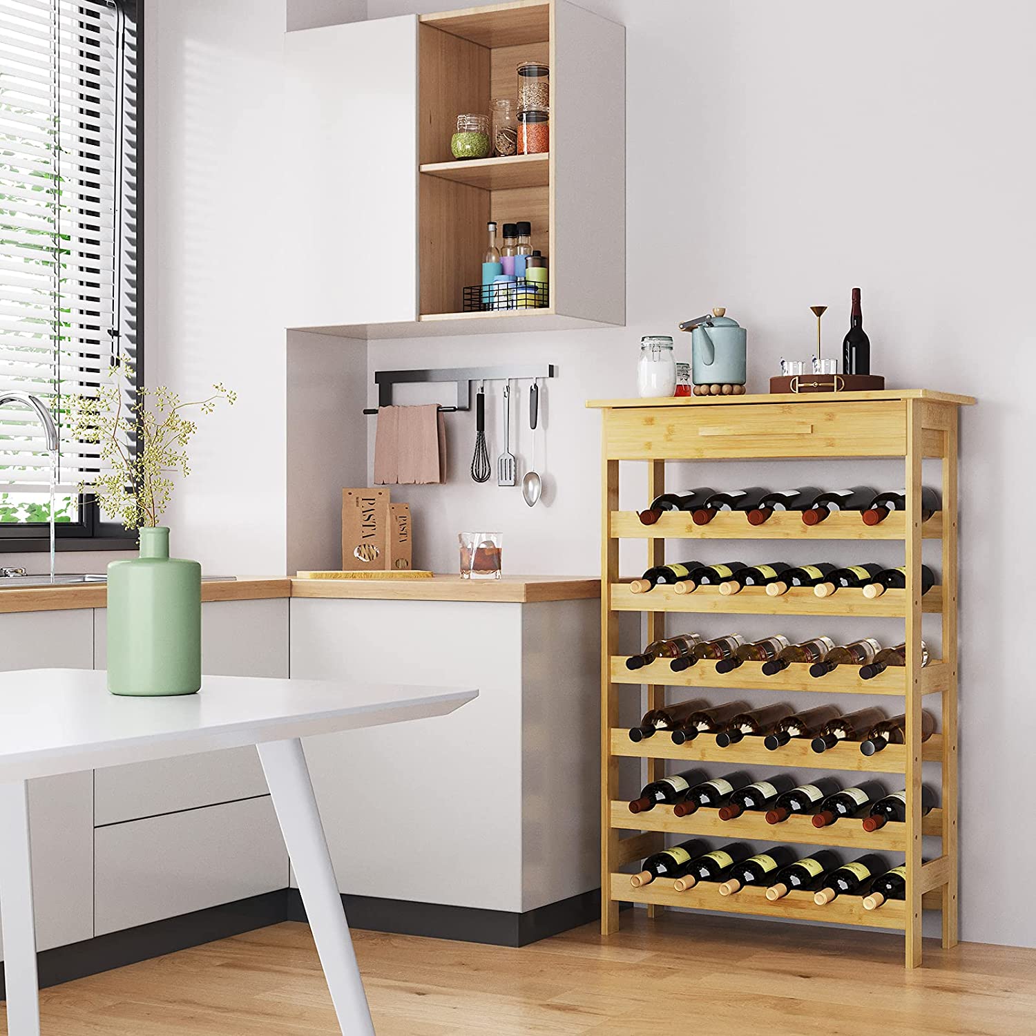 Dripex Bamboo Wine Rack with Drawer, Free Standing Floor Wine Holder Storage Display Shelves for Home, Kitchen, Bar, Wine Cellar, Basement