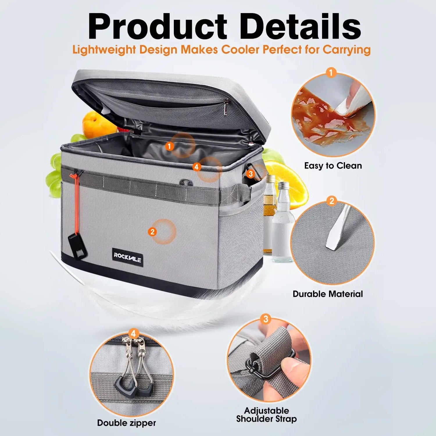 Rockvale Insulated Leakproof Cooler Bag, 48 Can Soft Sided Lunch Cooler Bag, Portable Collapsible Camping Cooler, Lightweight Large Beach Cooler Bag with Pockets/Bungee Cord for Camping Picnic Hiking