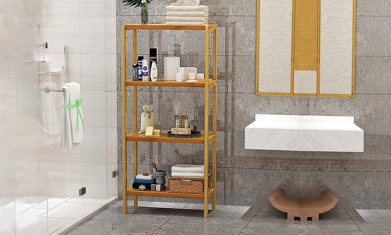 Dripex Bamboo Storage Shelf, Adjustable 4 Tier Bathroom Kitchen Shelving Unit Free Standing, Utility Organizer Bookshelf Flower Stand Display Rack 51.7x26x113cm
