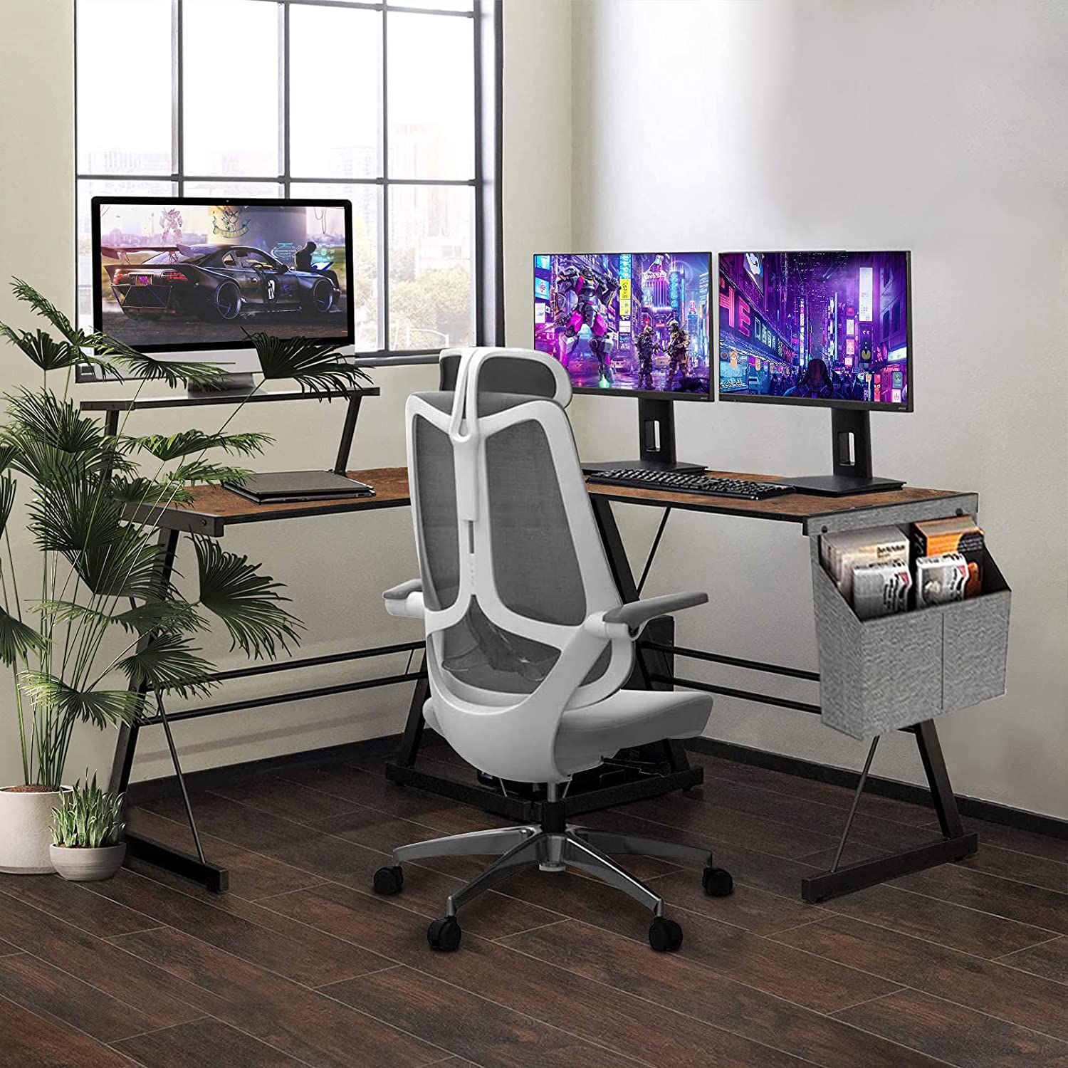 Dripex L Shaped Computer Corner Desk with Monitor Stand Storage Bag, Industrial Gaming Desk, Writing Workstation PC Laptop Study Table for Home Office 152x113x72cm