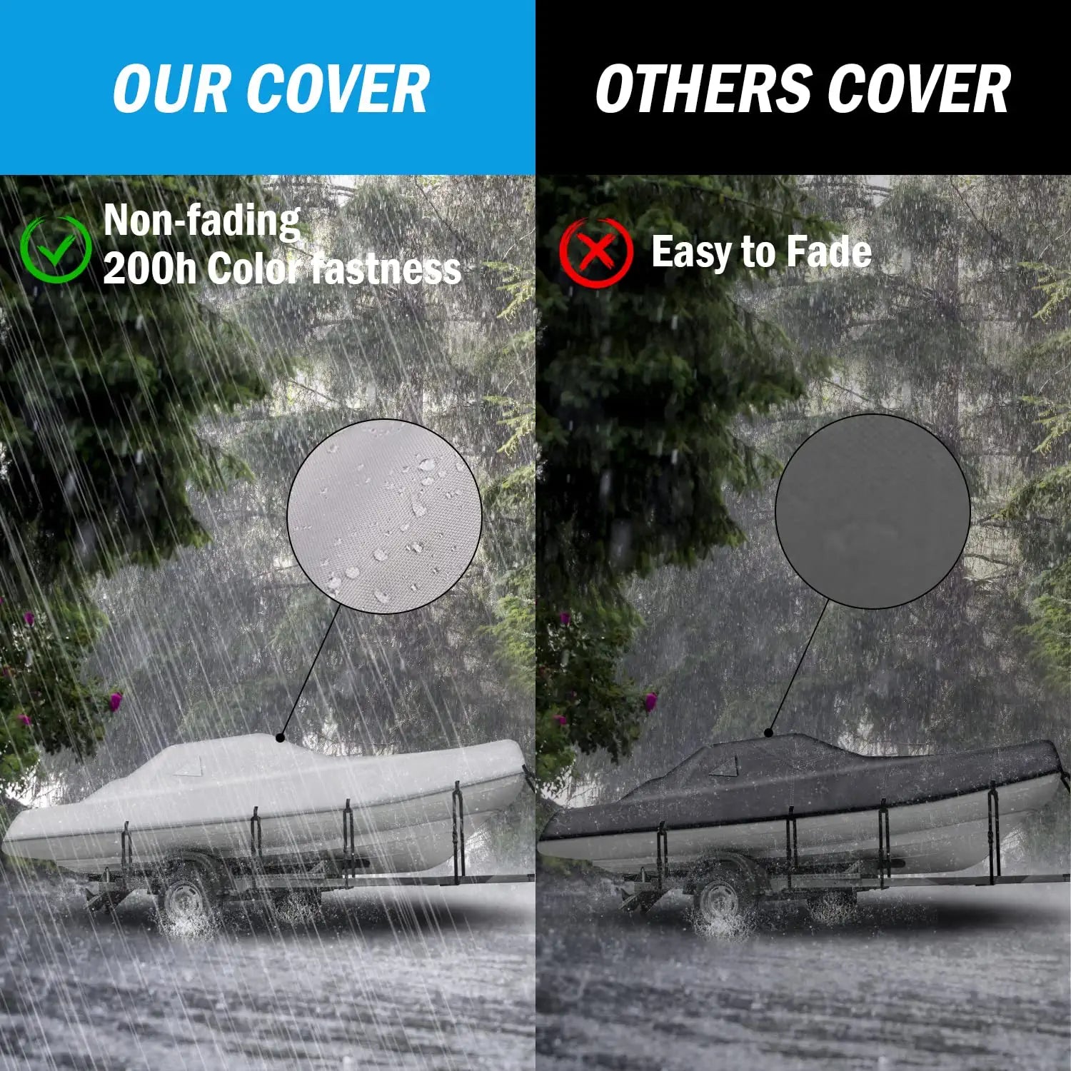 Rockvale Boat Cover, Heavy Duty 600D Trailerable Waterproof Boat Canvas, Universal Marine Grade Outboard Boat Shade for Bass Boat, Tri-Hull, V-Hull, Ski, Fishing Runabout Boat