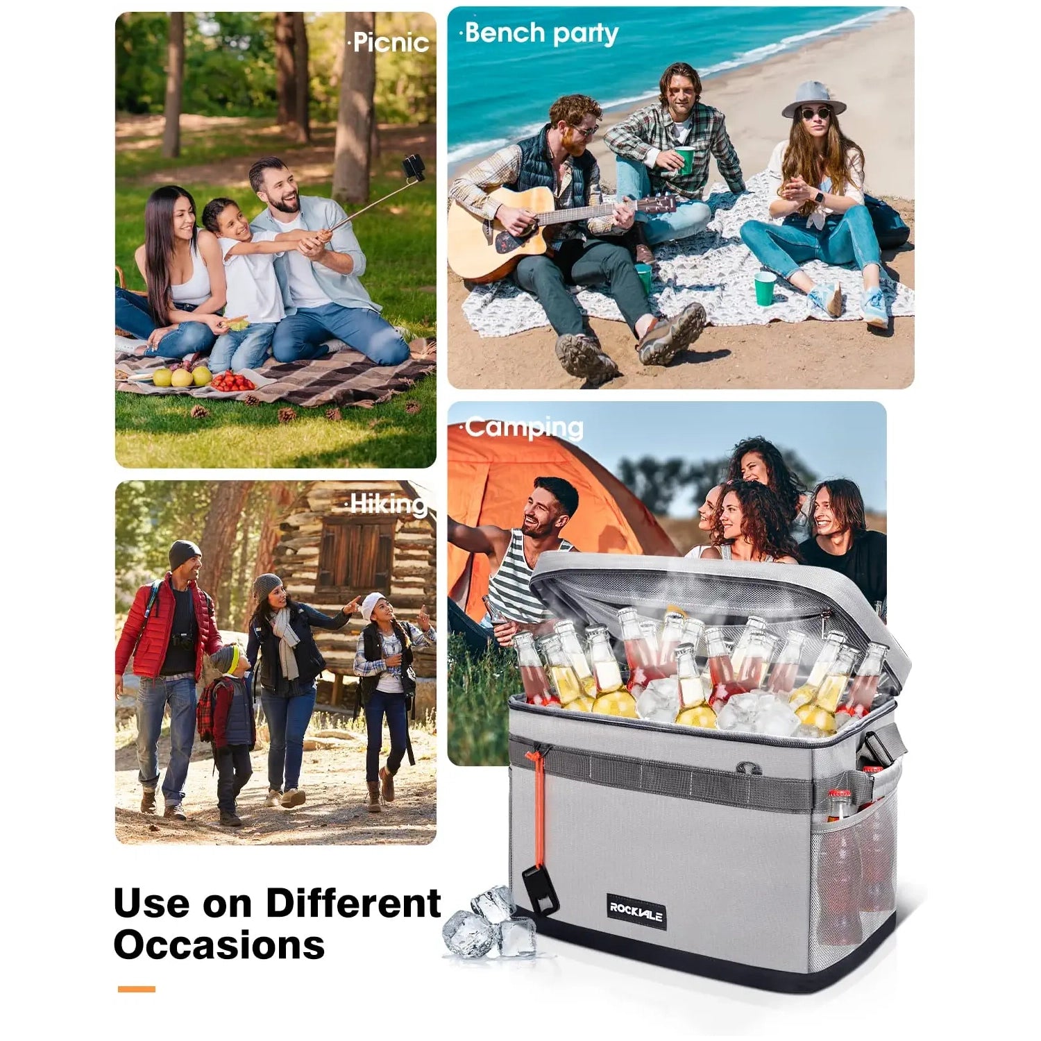 Rockvale Insulated Leakproof Cooler Bag, 48 Can Soft Sided Lunch Cooler Bag, Portable Collapsible Camping Cooler, Lightweight Large Beach Cooler Bag with Pockets/Bungee Cord for Camping Picnic Hiking