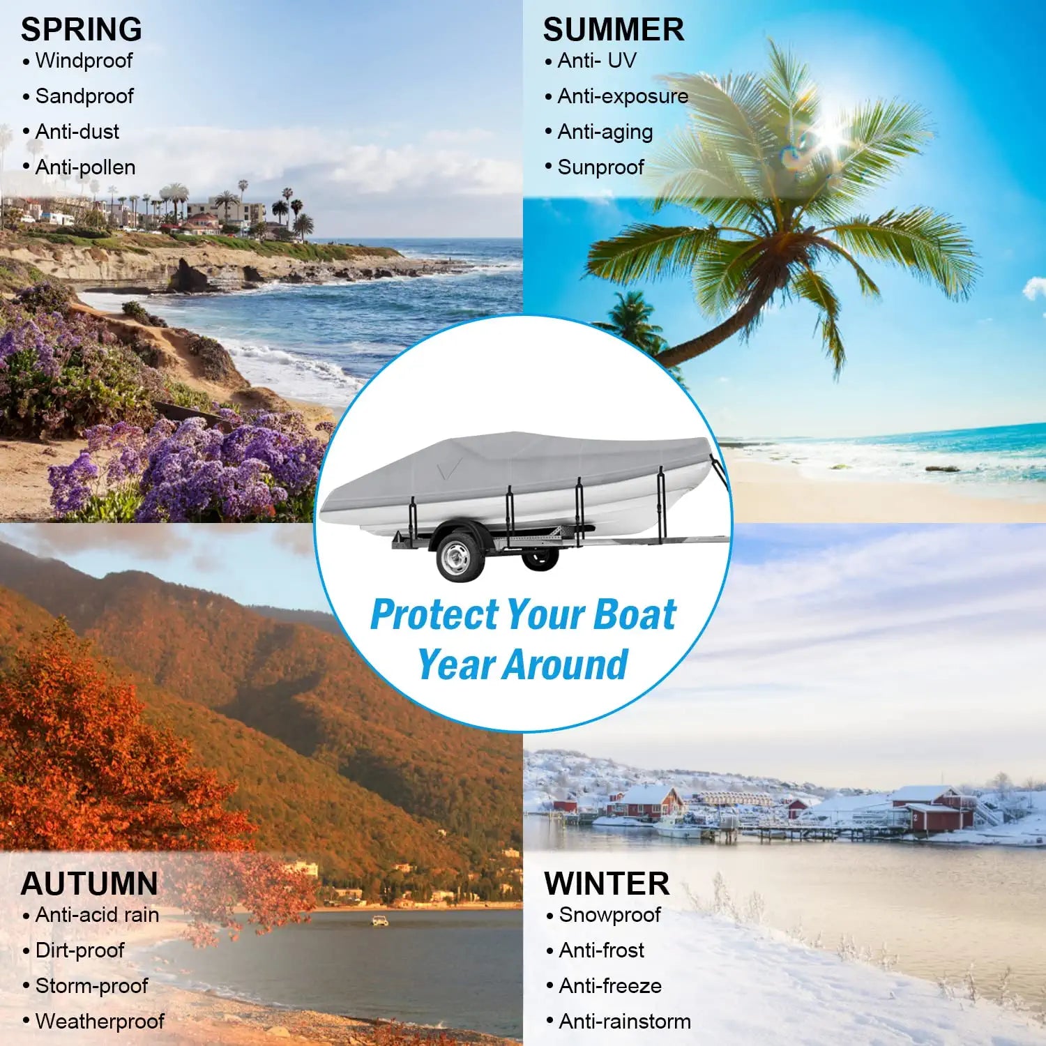 Rockvale Boat Cover, Heavy Duty 600D Trailerable Waterproof Boat Canvas, Universal Marine Grade Outboard Boat Shade for Bass Boat, Tri-Hull, V-Hull, Ski, Fishing Runabout Boat