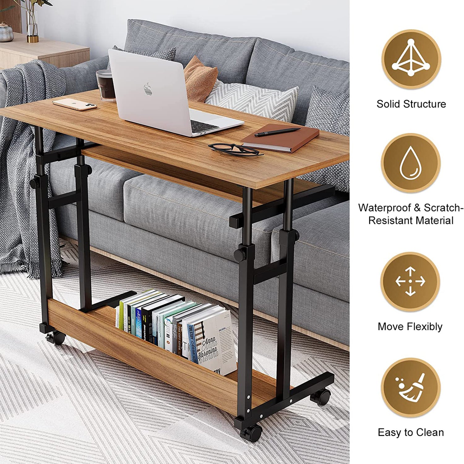 Dripex Computer Desk with Monitor Shelf - Mobile Z Shaped Home Office Desk with Storage Shelves and Movable Wheels for Small Spaces, Compact Corner Desk Space-Saving
