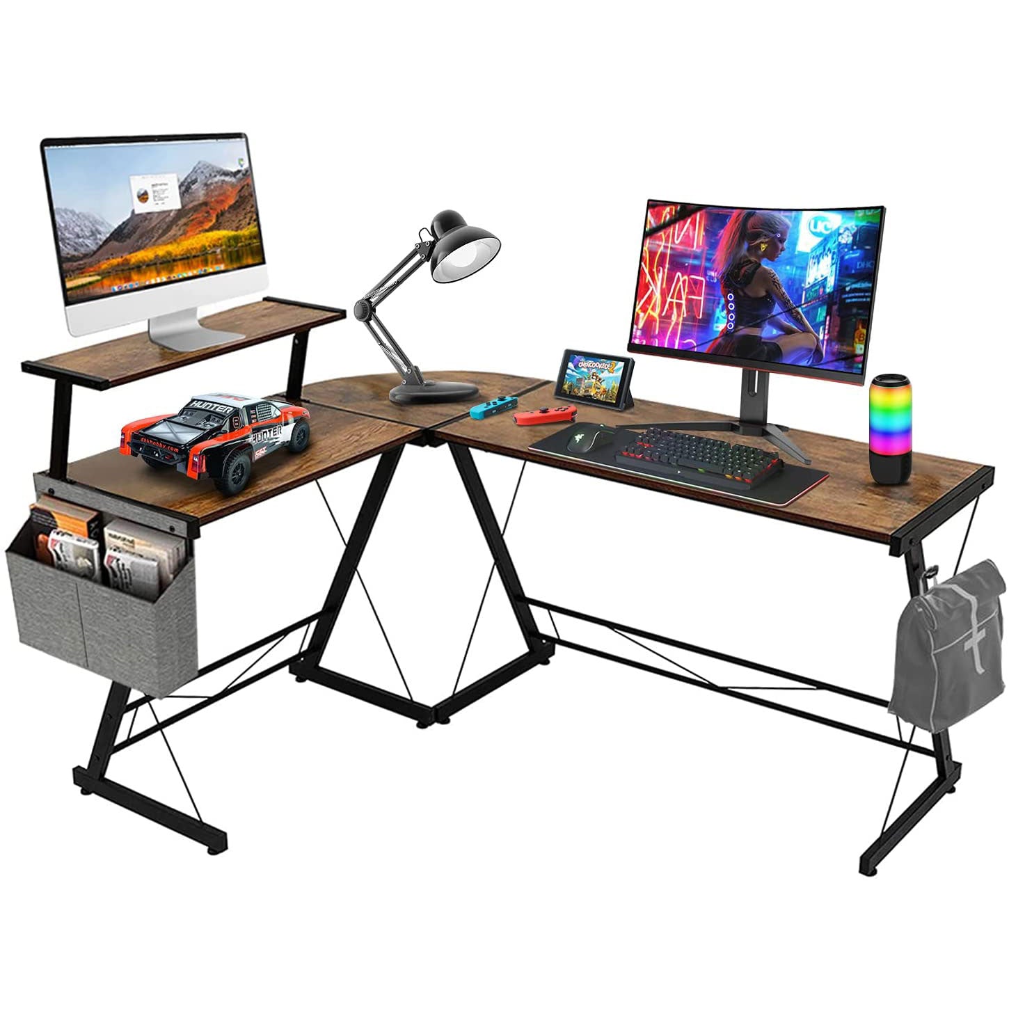 Dripex L Shaped Computer Corner Desk with Monitor Stand Storage Bag, Industrial Gaming Desk, Writing Workstation PC Laptop Study Table for Home Office 152x113x72cm