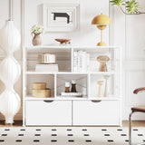 Dripex 4 Tier Bookcase with 2 Movable Drawers，Wooden Floor Standing Book Shelf with Steel Frame, Black Storage Display Shelf for Living Room, Bedroom or Office