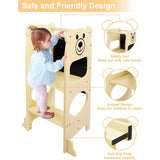 Toddler Kitchen Stool OUNUO Convertible Kids Learning Helper Stool with Chalkboard Safety Rail Toddler Standing Tower Wooden Stool Table for Counter Sink Yellow Bear