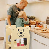 Toddler Kitchen Stool OUNUO Convertible Kids Learning Helper Stool with Chalkboard Safety Rail Toddler Standing Tower Wooden Stool Table for Counter Sink Yellow Bear