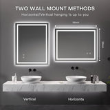 Dripex 28 x 20 Inch LED Bathroom Mirror, Anti-Fog Wall Mounted Makeup Mirror with 3 Color Lights, Waterproof Dimmable LED Vanity Mirror with Memory Function, Touch Button, Horizontal/Vertical