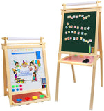 Dripex Kids Art Easel with Paper Roll, Double Sided Toddler Childrens Easel Chalkboard and Magnetic Dry Erase Board for Kid Painting and Drawing, Multiple Kids Art Supplies Included, Reddish Brown