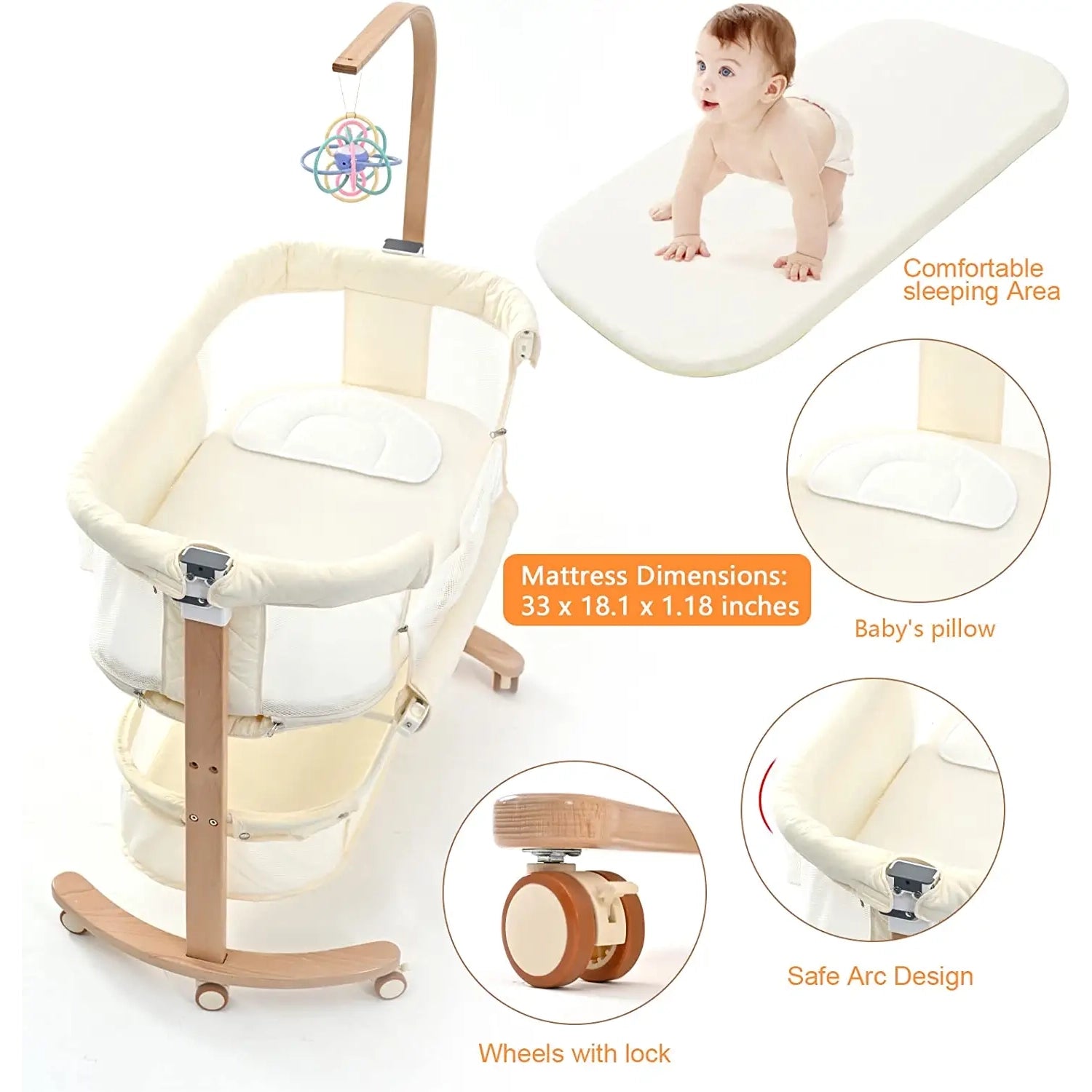 YOLEO Baby Bassinet Bedside Sleeper with Matrress and Mosquito Net