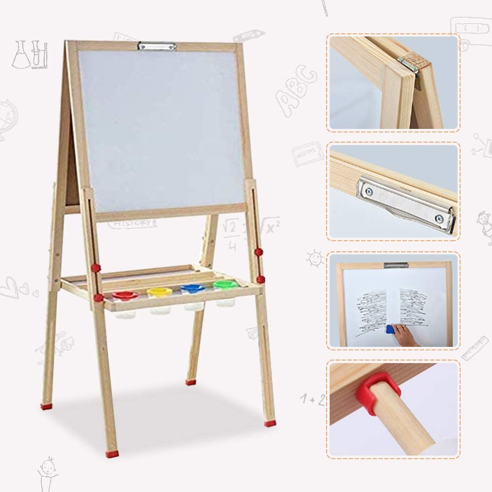 Wooden Art Easel Magnetic Whiteboard and Chalkboard Tabletop Drawing Board  for Kids with Magnetic Letters Numbers and Other Accessories, Education