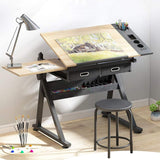 Dripex Adjustable Drawing Table Painting Desk with Tiltable Tabletop Architecture Design Work Station, Study, Drafting, Home Office Computer Desk (Including Stool)