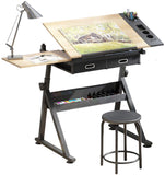 Dripex Adjustable Drawing Table Painting Desk with Tiltable Tabletop Architecture Design Work Station, Study, Drafting, Home Office Computer Desk (Including Stool)