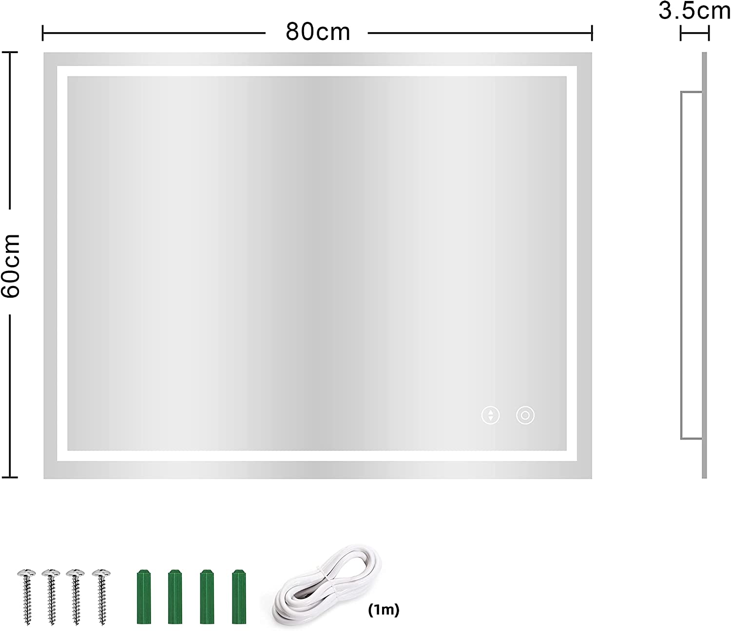 LED Bathroom Wall Mirror with Lights Sensor Control Demister Anti-fog 60x80  cm