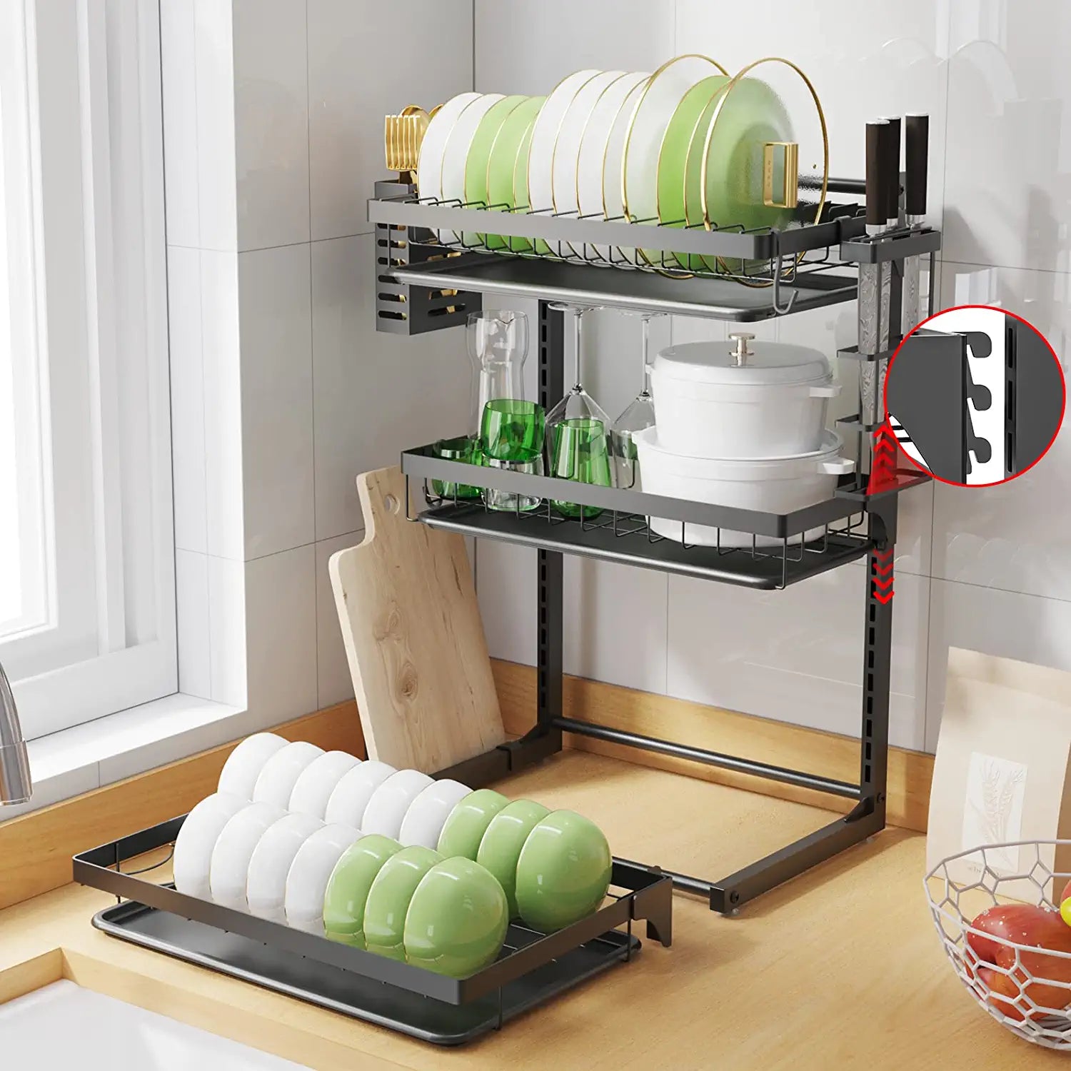 2 Tier Standing Dish Drainer Over The Sink Adjustable Drain Storage Rack  Multifunctional Rack with Utensil Holder, Cutting Board Holder for Home Kitchen  Counter 