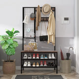 Dripex Hall Tree with Bench Coat Rack Shoes Bench with 10 S-Hooks & 9 Metal Hanging Bars, Entryway Hall Tree with Storage Shelves Industrial Accent Furniture