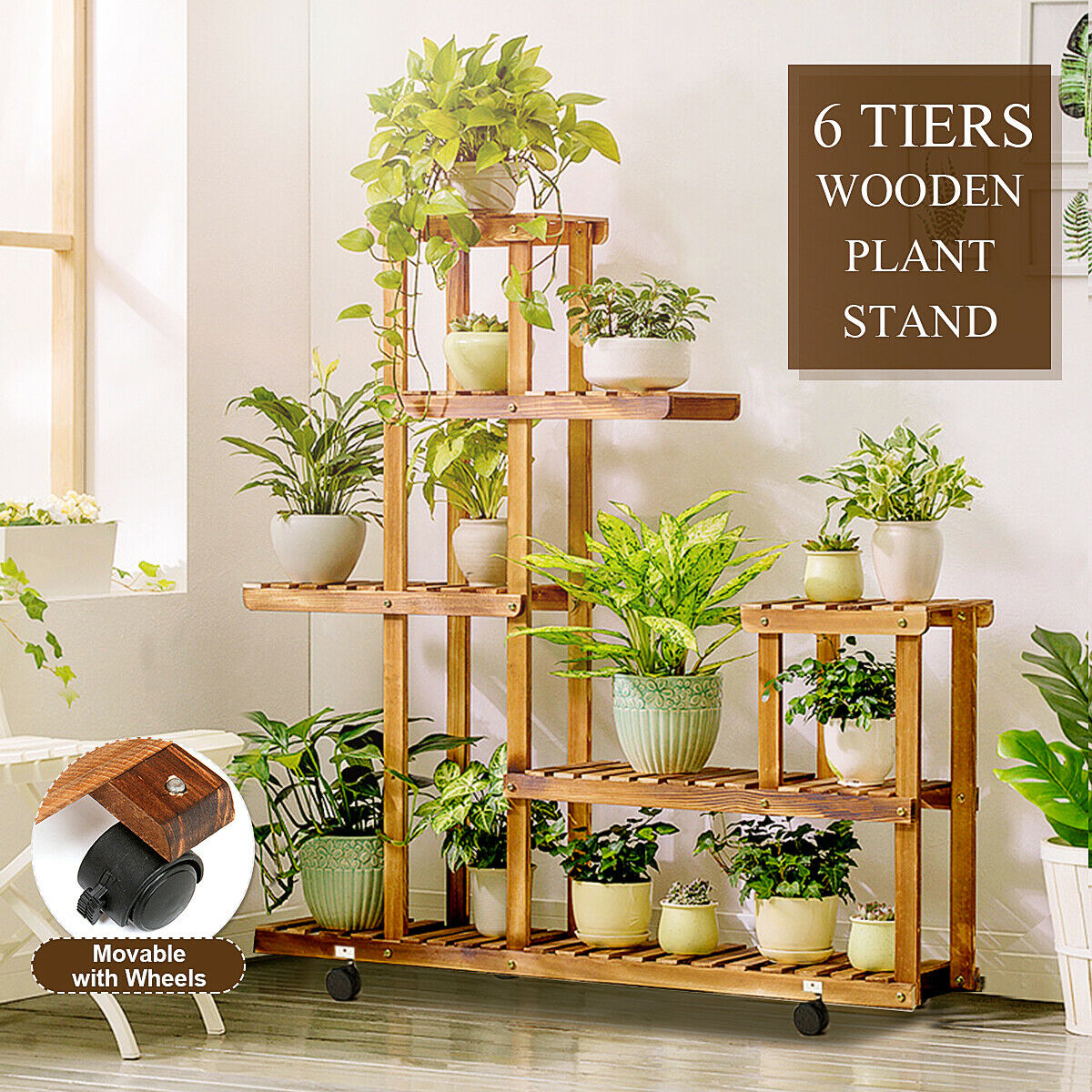 Bamboo 5 Tier 6 Potted Plant Stand Rack Multiple Flower Pot Holder