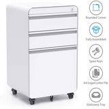 Dripex Fully Assembled 3-Drawer Mobile File Cabinet for A4 File, Lockable Metal Filling File Cabinet with Hanging File Frame and Anti-tilt Design Office Rolling Vertical File Cabinet